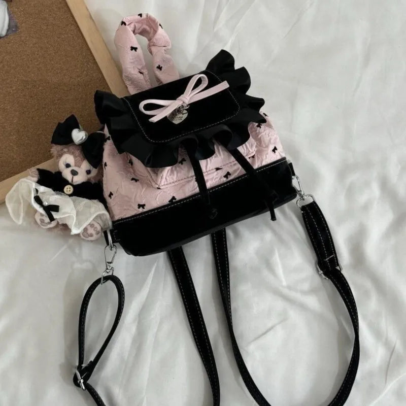 Cyflymder  Lolita Black Pink Bow Ruffled Backpack Women Girls Compact Sweet Edgy Commuter Versatile Rucksack Ladies Elegant Mochilas Mujer