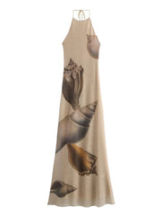 Cyflymder  Shell Printed Mesh Party Dress Halter Knitted Maxi Beach Autumn Dress Backless Bodycon Beige Christmas Long Vestidos