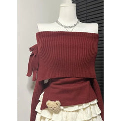 Cyflymder Pure Sexy Women Skirt Set Winter Korean Fashion Slash Neck Off-the-Shoulder Bow Sweater A-line Cake Skirts Two-Piece Sets