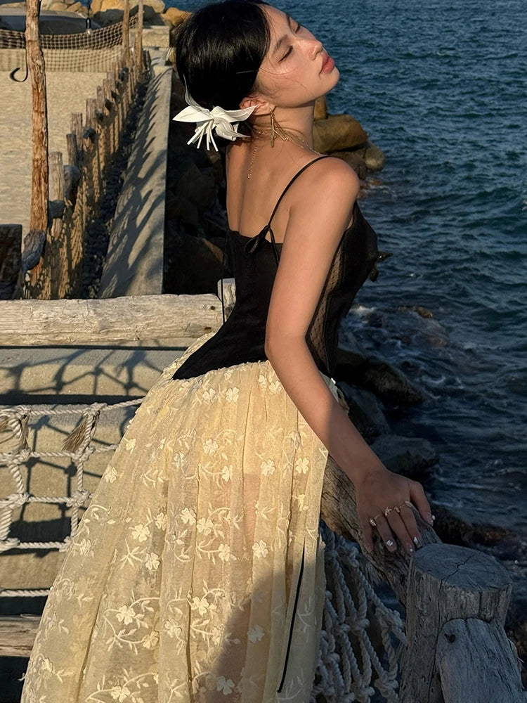 Cyflymder  Patchwork Jacquard Split Dress Women Bow Lace-Up Mesh Low Chest Fairycore Birthday Beach Vocation Skinny Long Bodycon