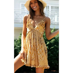 Cyflymder  Yellow Floral Mini Dress Summer New Vintage Sexy Strappy Women Dress Sleeveless Ruffles V-neck LadiesFemale Dress New