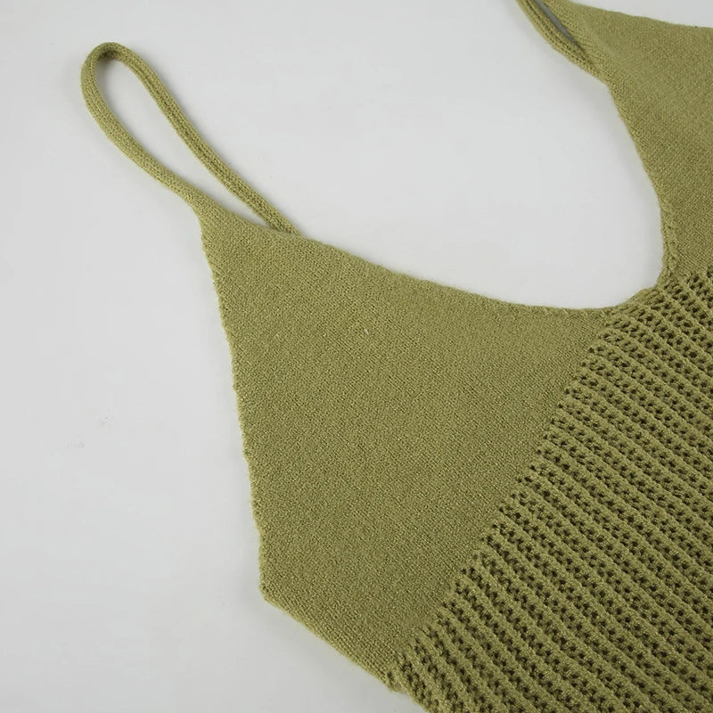Cyflymder  Green Pleated Hem Knit Mini Dress Sexy See Through Strap Bodycon Dresses Concert Outfits For Women Summer Vocation Robe