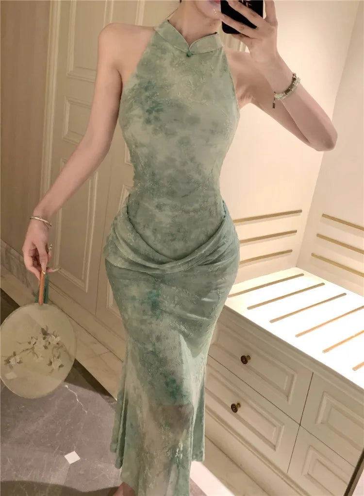 Cyflymder  Sexy Dresses Women Temperament Elegant Floral Printed Stand Collar Slim Stretch Summer Fashion Elegant Dress Female Party