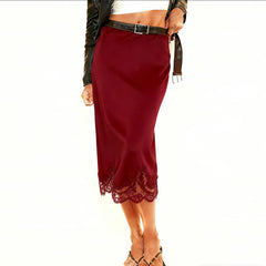 Cyflymder  Women Sexy Lace Satin Pencil Skirt Classic Elegant High Waist Silk Flowy Half Slip Underskirt Office Lady Midi Skirt