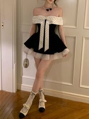 Cyflymder  French Sweet Polka Dot Off-the-shoulder Dress Women Ruched Princess Dress Cute Sweet Party Mini Dresses Aesthetic Slim Clothing