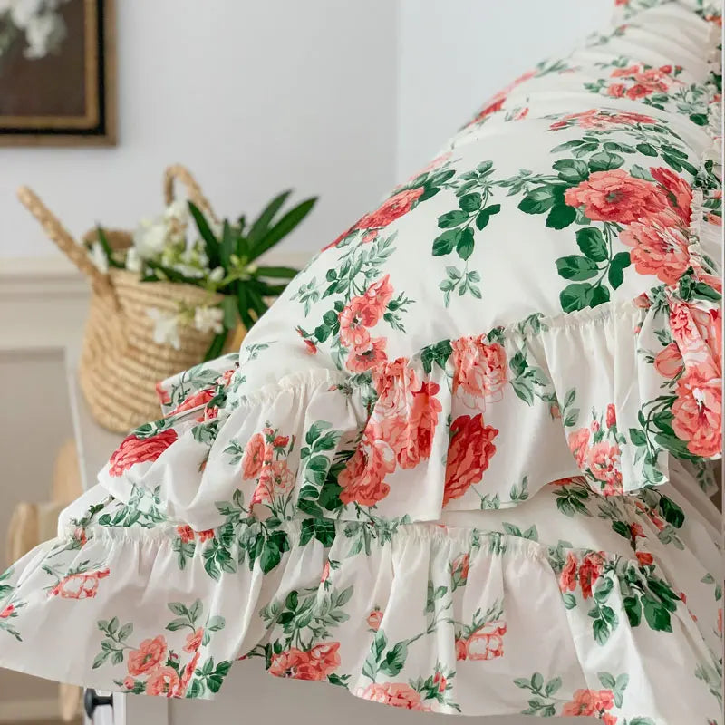 Cyflymder  French Vintage Bed Skirt Bedding Set 100% Cotton Rose Print Linen Set Lace Ruffles Duvet Cover Bed Sheet Fitted Sheet Pillowcase