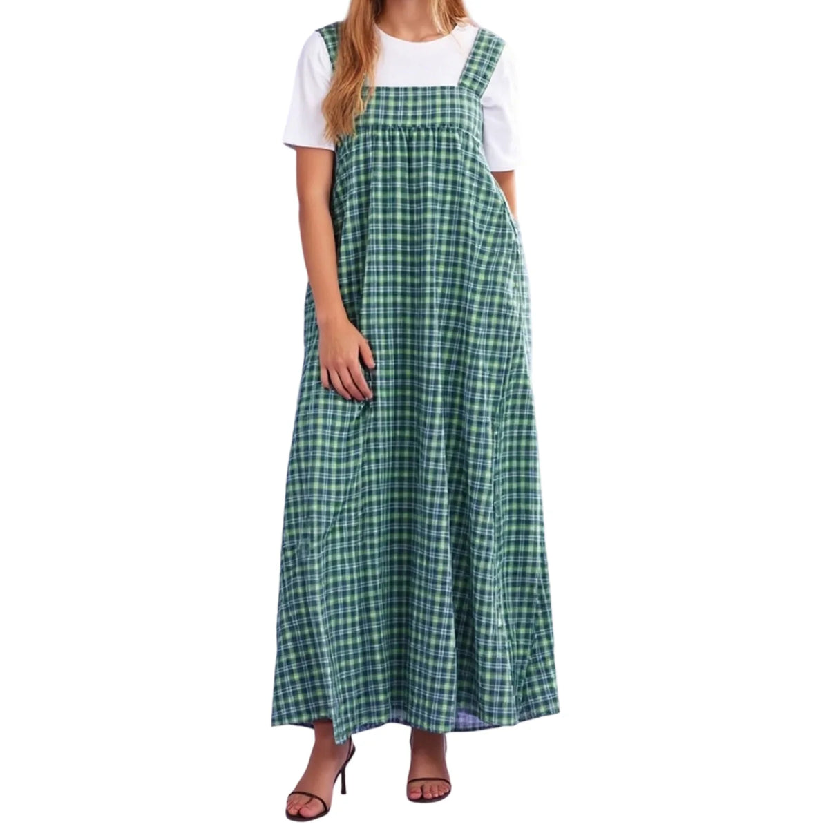 Cyflymder  Women s Sleeveless Plaid Maxi Dress with Square Neckline and Wide Shoulder Straps for Summer Beach Vacation