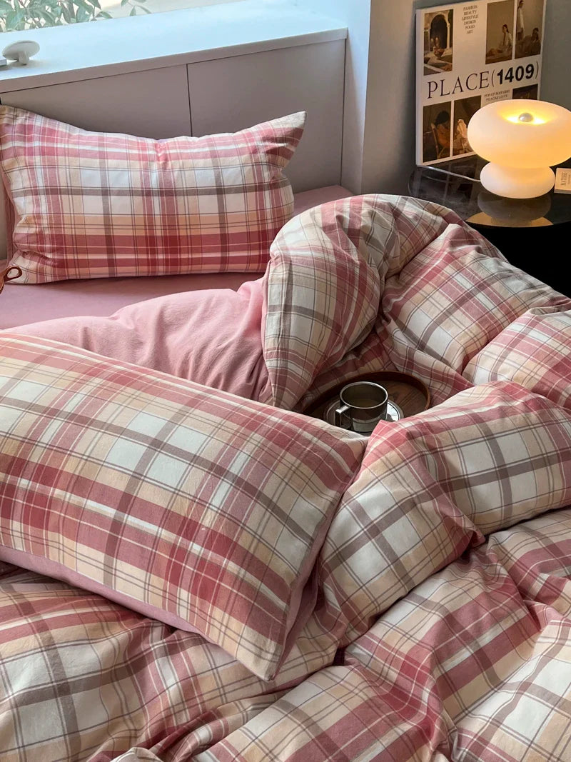 Plaid Style Duvet Cover Set with Sheets, Skin Friendly Bedding Set, Twin, Full Size, King, Single, Double Bedding Sets