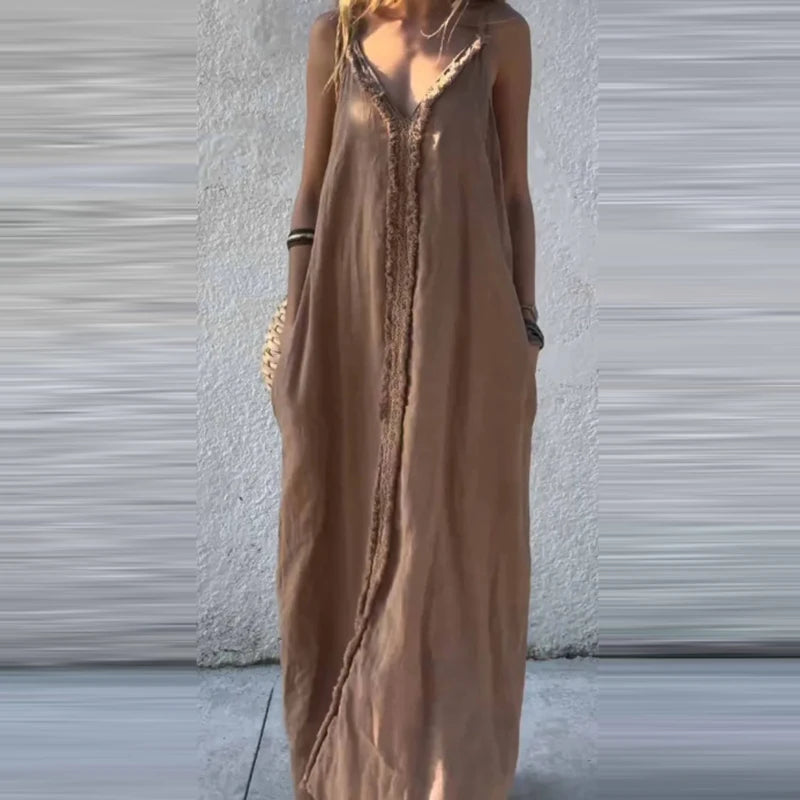 Cyflymder  New Summer Solid Color Loose Evening Dress Elegant V-neck Linen Vacation Style Dress Fashion Ruffles Sleeveless Long Sling Dress
