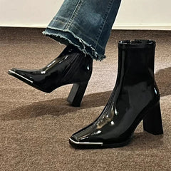 Cyflymder Fashion Women Thick High Heel Ankle Boots Solid Patent Leather Office Pumps Autumn Mujer Square Toe Short Boots