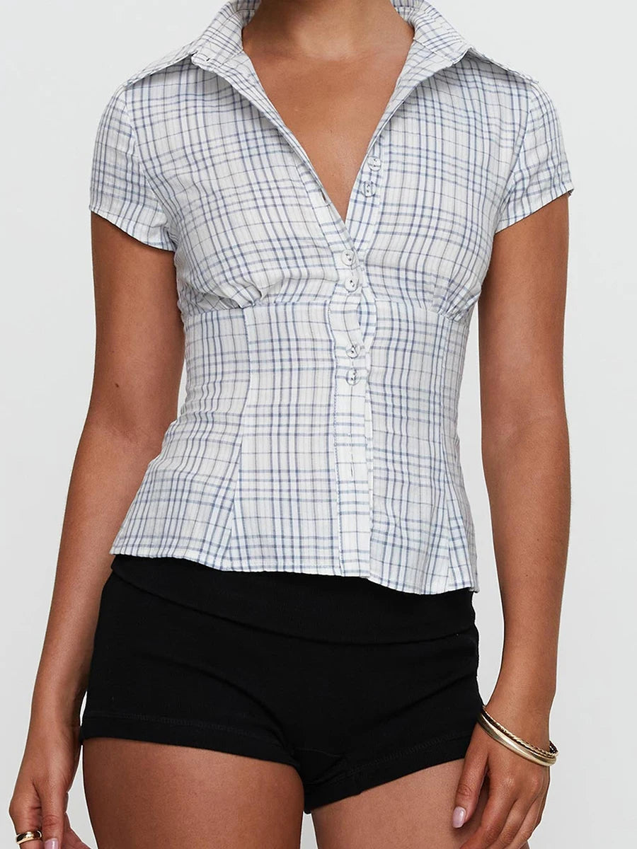 Y2K Plaid Blouse Women's Summer French Style Button-up Turn-down Collar Shirt Vintage Streetwear Chic Elegant Tops