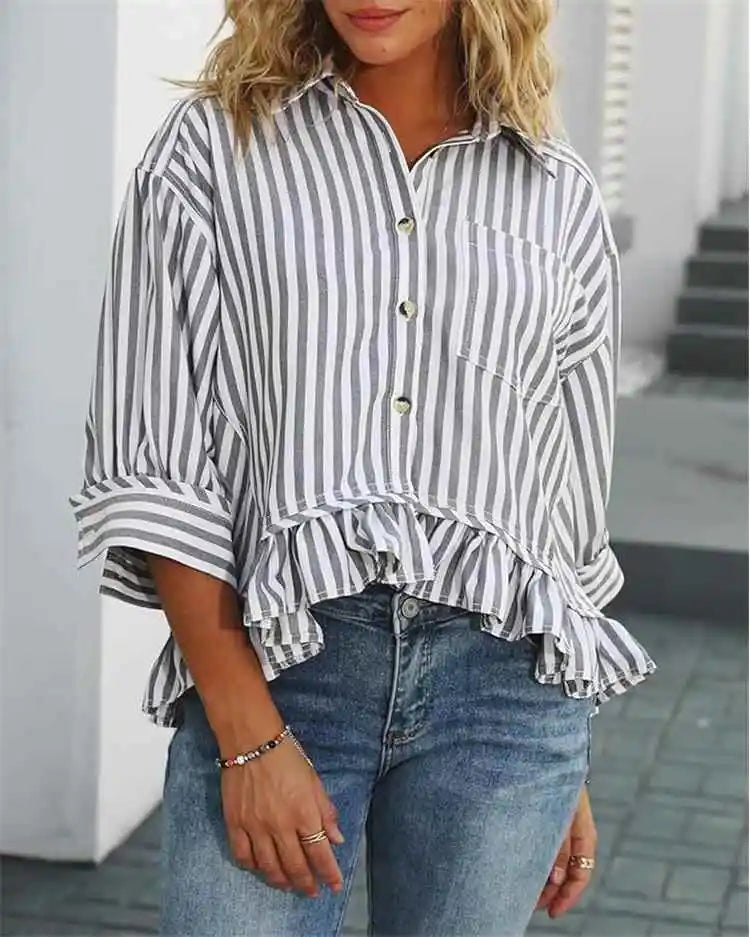 Cyflymder  Casual Stripe irt Women's Summer Top Button down ort Sve Gathered Hem Bubble Sve Polyester Fiber Commute Sleeve