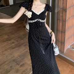 Cyflymder  Women Black White Polka Dots Dresses Puff Short Sleeve V Neck Lace Trim Summer Bow Drawstring Slim Romantic Vacation Long Dress