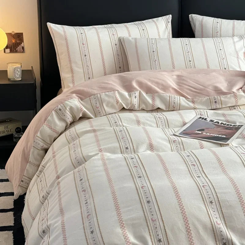 Cyflymder  4Pcs High-End Striped Jacquard Fitted Sheet Bedding 100% Cotton Soft Breathable Bedclothes Cozy Comfort Set with Corner Belt
