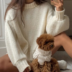 Cyflymder  Women Casual Oversized Knit Sweaters Fall Winter Long Sleeve Round Neck Solid Color Pullovers Loose Fit Jumper Knitwear Tops