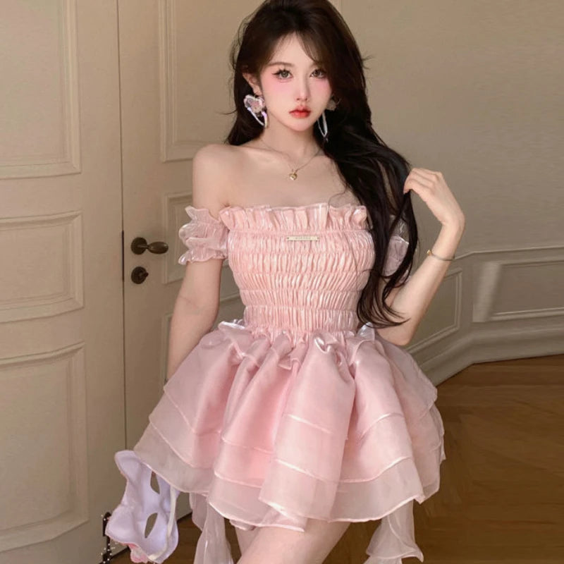 Summer Sweet Pink Fairy Dress Women Japanese Off Shoulder Sexy Kawaii Lolita Dress Female Casual Korean Style Party Mini Dresses