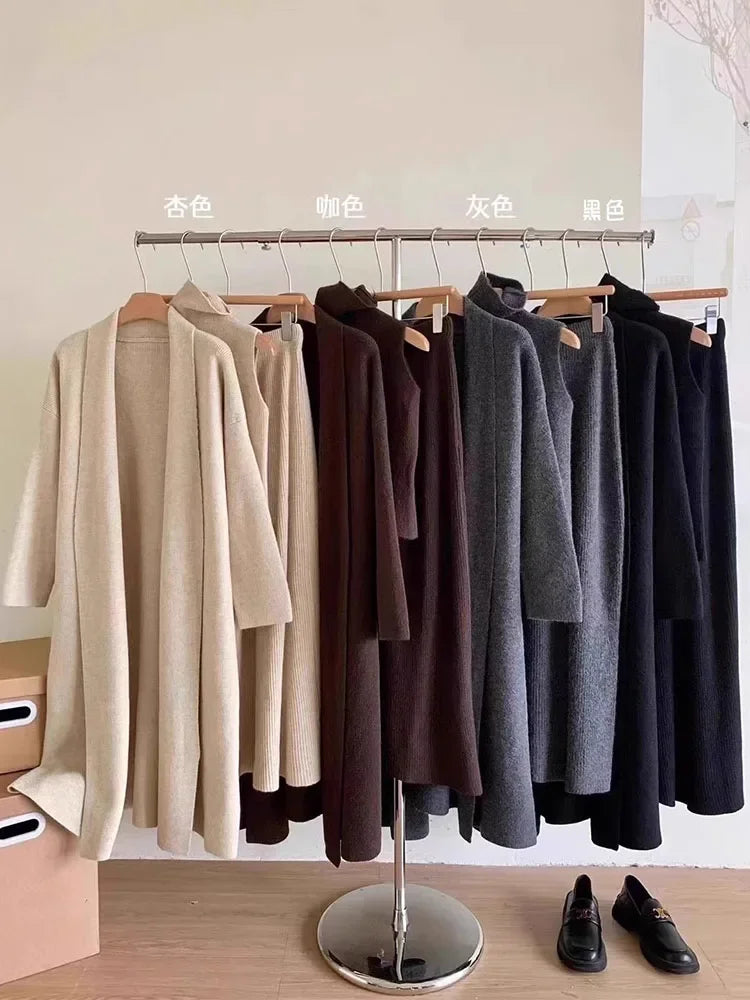 Cyflymder Autumn/Winter Gentle Style Long Sweater Knitted Cardigan Tank Top Maxi Skirt Set Solid Color Knit Three Piece Set for Women