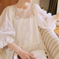 Cyflymder  Princess White Vintage Long Nightgowns Gauze Round Neck Puff Long Sleeves Cotton Nightie Loose Design Embroidery Nightdress  New