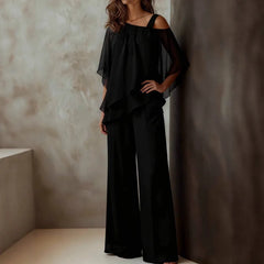 Cyflymder  Batwing Sleeve Chiffon Two Piece Set One Sleeve Asymmetric Hem Half Sleeve Blouse and Wide Leg Loose Pant Matching Set Summer