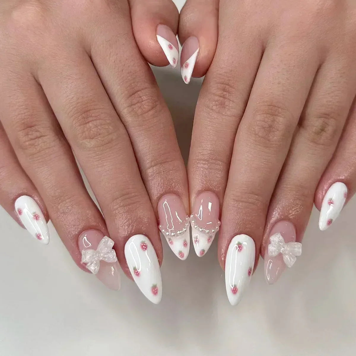 Cyflymder 24Pcs Almond False Nails Cute Strawberries with French Design Simple White Wearable Fake Nails Decoration Press on Nail Tips Art