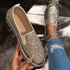 Cyflymder  Women's Rhinestone Flats Comfort Thick Sole Slip on Casual Shoes Woman Fashion Gold Silver Glitter Platform Loafers