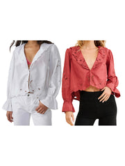 Cyflymder  Women s Embroidered Long Sleeve Blouse with Hollow Details and V Neckline - Casual Loose Fit Solid Lapel Top for Fall Fashion