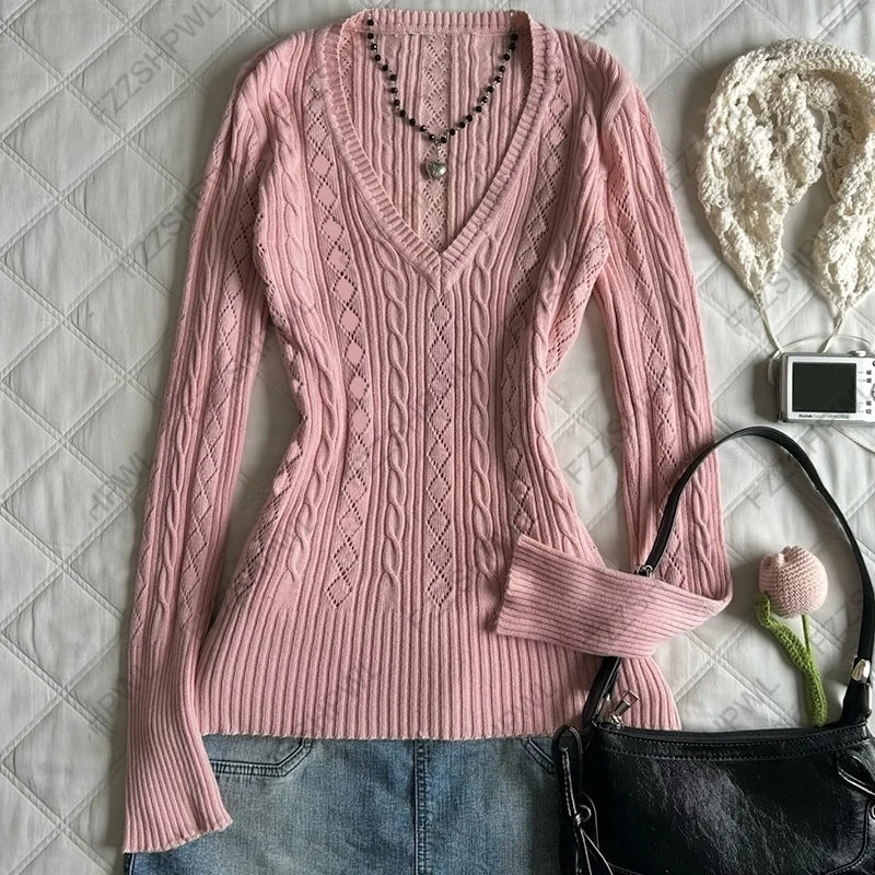 Cyflymder  Y2K women's long-sleeved sweater fashion Harajuku cute chic Slim Fit street aesthetic Emo girls solid color hollow sexy sweater