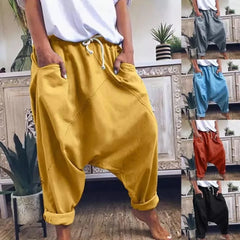 Cyflymder  Women Harem Pants Cotton Drawstring Waist Harem Trousers Wide Leg Drop Crotch Pants Hip Hop Side Pockets Baggy Pants Rolled Cuff