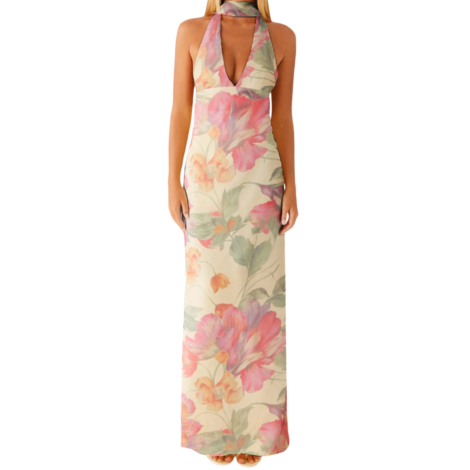 Cyflymder  Elegant Maxi Dress with Boho Floral Print and Halter Neckline Sexy Backless V-Neck Sleeveless Dress for Summer Beach Party