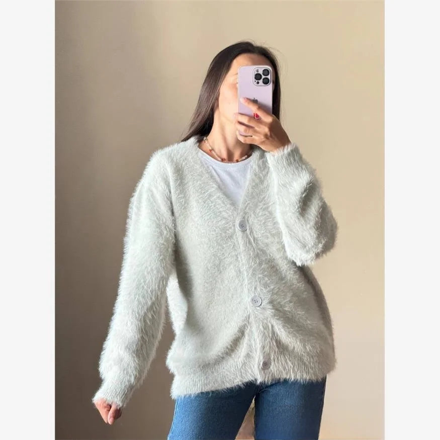 Cyflymder  Thiened Loose Knitted Cardigan Women's V-ne Fake Mink Sweater Soft Autumn New Sle Top Faion Outerwear Coat