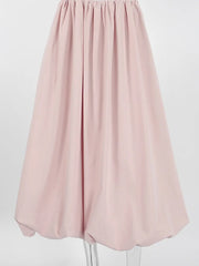 Cyflymder  Bubble Hem Midi Skirt Acetate Cotton  Waist Gathered Side Pockets Summer Casual Clothing Streetwear Solid Color Skirt