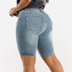 Cyflymder  Fashion Slim Sexy Hip Lift Denim Shorts Women Three Buttons Splice High Waist Three Quarter Pants Female Broken Holes Mini Jeans