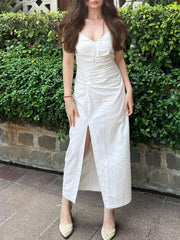 Cyflymder  Elegant Women White Cami Dress Slit Ruched Midi Dress New Fashion Summer Casual Chic Holiday Date Sheath Dress