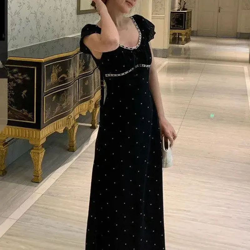 Cyflymder  Fashionable Square Collar Drawstring Bow Long Dress Female Clothing Polka Dot Summer New French Style Flying Sleeve Slim Dresses