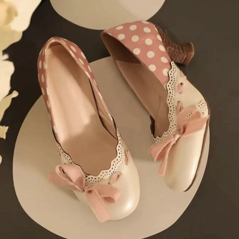 Cyflymder  Vintage Chunky Heel Women Pumps Polka Dot Design Bow Detail Round Toe Mary Jane Shoes Comfortable Lightweight Dress Lolita Shoes