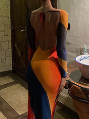 Cyflymder  Lace Up Women Printed Maxi Dress Backless Long Sleeve Bodycon Sexy Streetwear Party Elegant Slash Neck Bandage Lady Long Dresses