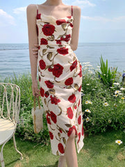 Cyflymder  Vintage Slash Neck Spaghetti Strap Rose Floral Chiffon Midi Dress for Women Party Elegant Bodycon Beach Robe Vestidos Summer New