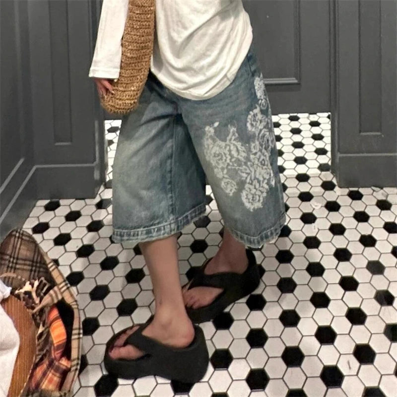 Cyflymder  Summer Women's Lace Printed Blue Denim Shorts Young Girl Casual High Waist Bottom Female Loose Capris Calf-length Pants