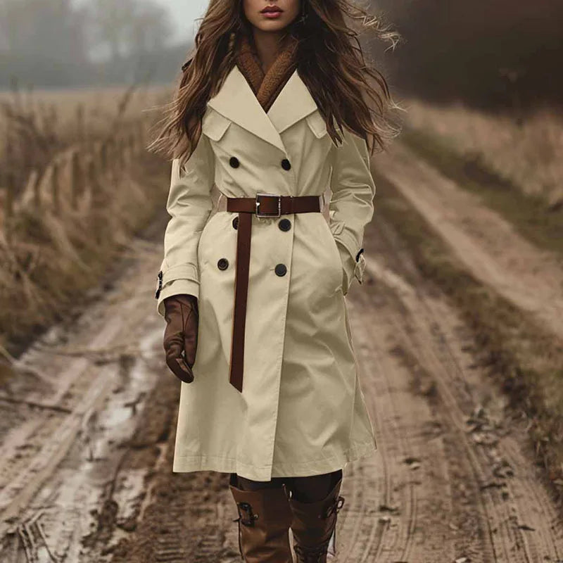 Cyflymder  Vintage Solid Long Trench Coat Woman Elegant Double Breasted Lapel Top Cardigan Autumn Winter Long Sleeve Pocket Outerwear Coats