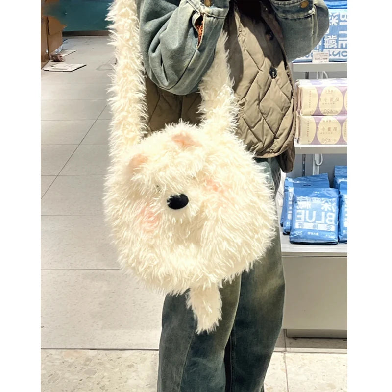 Cyflymder  Cute Dog Plush Shoulder Bag Women's Fashion Cartoon Large Capacity Lamb Fur Crossbody Bag Soft Handle Spring Casual Underarm Bag
