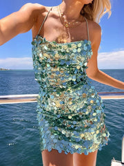 Cyflymder  Elegant Off Shoulder Suspender Mini Dress Fashion Shiny Sequin Solid Party Dress Women Sexy Backless Lace-up Hollow Green Dress