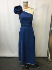 Cyflymder  Summer Denim Dress Elegant Off-shoulder Denim 3D Floral Long Skirt Slim Fit High Waist Sleeveless Jeans Dresses for Women