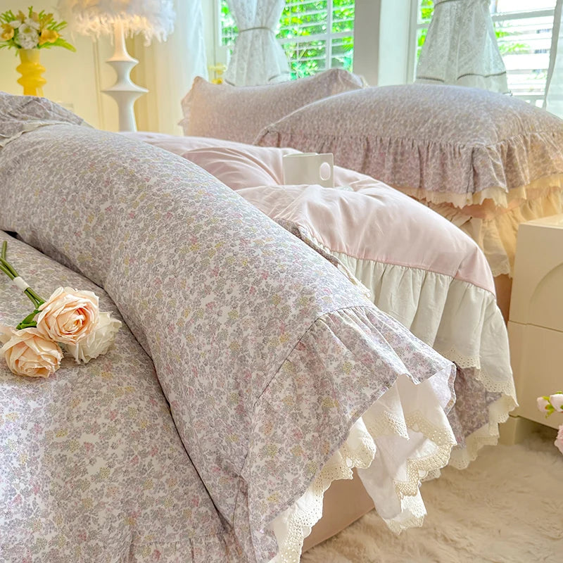 Cyflymder  Korean Princess Style Small Florals Lace Ruffles 600TC Cotton Brushed 4Pcs Bedding Set Duvet Cover Flat/Fitted Sheet Pillowcases