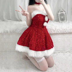 Cyflymder Christmas Costumes Christmas Dress Up Glitter Adult Christmas Clothes Strapless Clothing Set Halloween Carnival Outfit