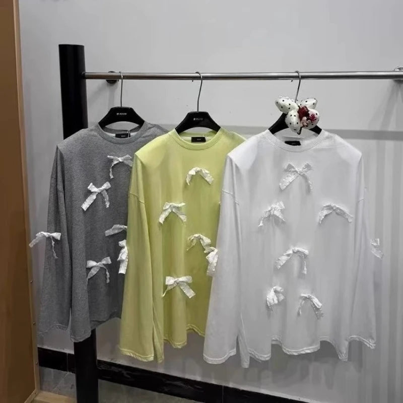 Cyflymder  Summer Fashion O Neck Long Sleeve Loose T Shirts Sweet Bow Appliques Lazy High Street Clothes Y2k Have Shoulder Pads Thin Tops