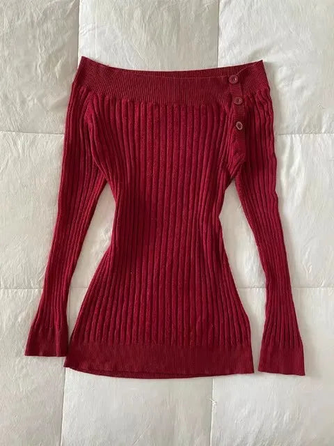 Cyflymder  Fashion American Vintage Slash Neck Knitted Sweaters Y2k Solid Simple French Streetwear Pullover Casual Autumn Women Clothes