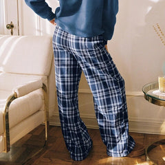 Cyflymder  Women Plaid Lounge Pants Fashionable Casual Loose Fit Drawstring Waist Wide Leg Pants Preppy Vintage Trousers