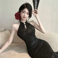 Cyflymder  Sweet Hot Girl Chinese Style Elegant Sleeveless Dress Women's Summer Slim Fit Jacquard Wrapped Buttocks Dress Female Clothes