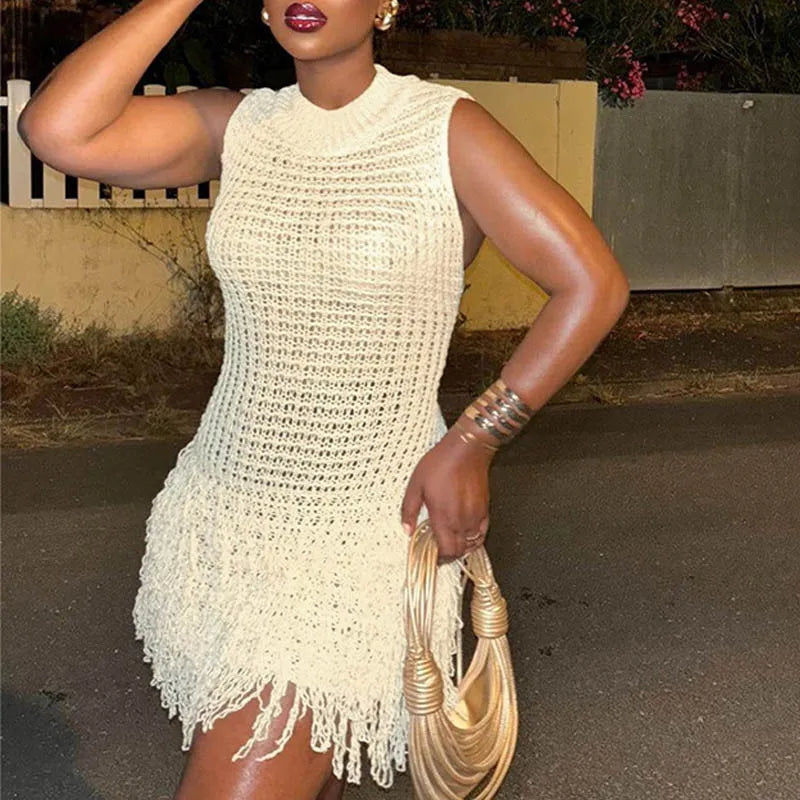 Cyflymder  Sexy Dress Women Sleeveless Hollow Out Patchwork Tassel Slim Bodycon Knitted Short Dresses