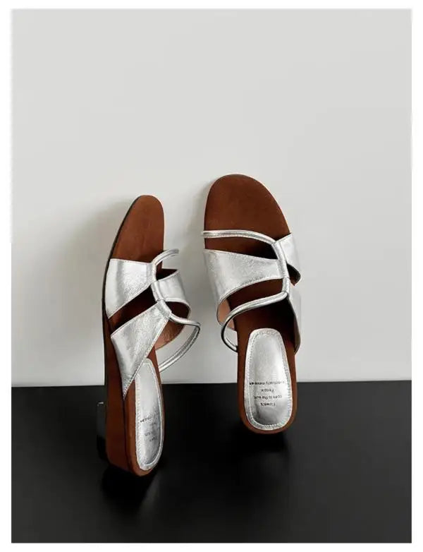 Cyflymder  Slippers Casual Elastic band Low Shoes Woman 2025 On A Wedge Luxury Soft Fabric Slides Hoof Heels Leisure Retro Rubber Rome PU